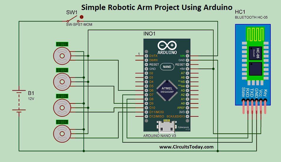 Simple Robotic Arm Project Using Arduino - Circuit Diagram